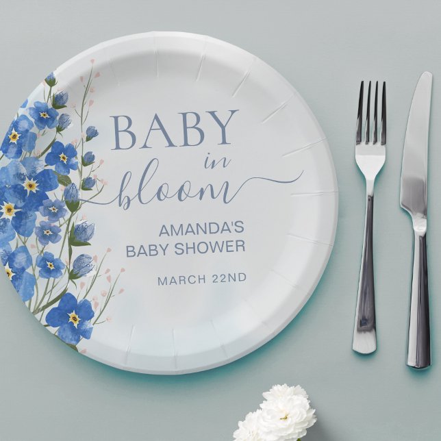 Baby in Bloom Boy Blue Floral Shower  Paper Plates (Creator Uploaded)