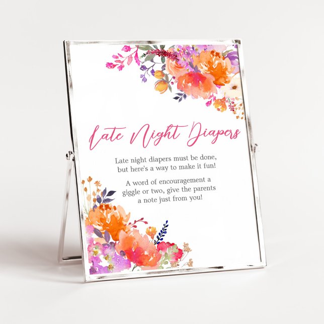 Baby in Bloom Bright Floral Late Night Diapers Poster (Baby in Bloom Baby Shower Late Night Diapers Sign)