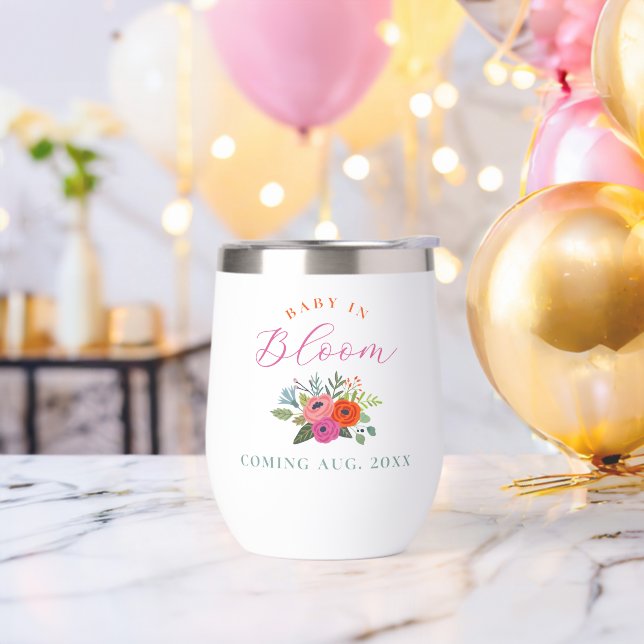 Baby in Bloom Bright Floral Pregnancy Announcement Thermal Wine Tumbler (Bachelor Party)