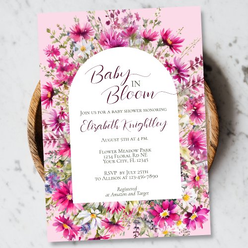 Baby in Bloom Bright Pink Floral Boho Baby Shower Invitation