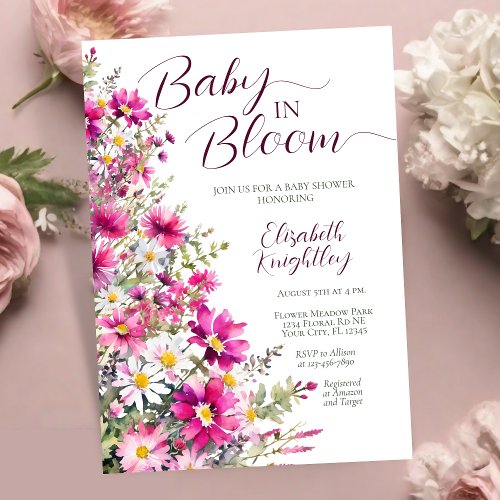 Baby in Bloom Bright Pink Floral Girl Baby Shower Invitation
