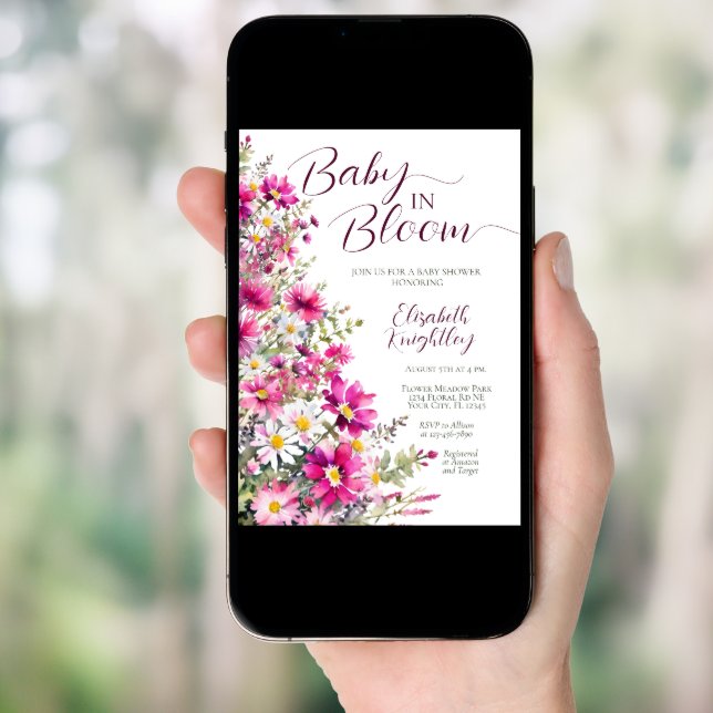 Baby in Bloom Bright Pink Floral Girl Baby Shower Invitation (Front Digital)