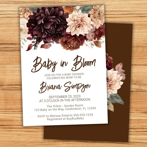 Baby in Bloom Brown Beige Floral Baby Shower Invitation