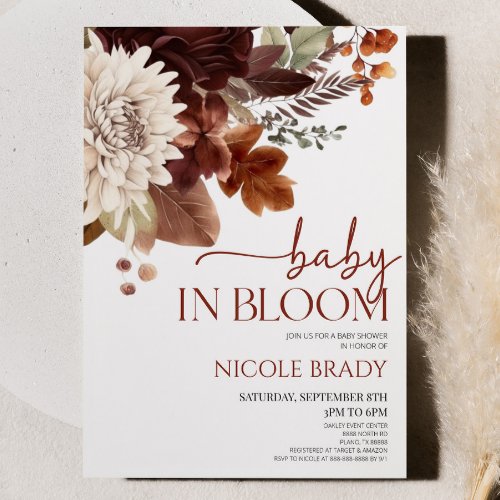 Baby In Bloom Brown Burgundy Floral Baby Shower Invitation