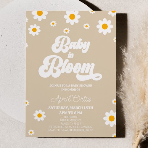 Baby In Bloom Brown Retro Daisy Flower Baby Shower Invitation