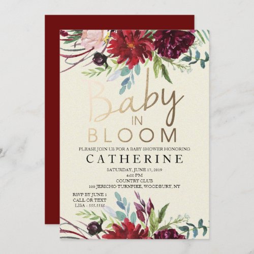 Baby In Bloom Burgundy Floral Baby Shower Invitation