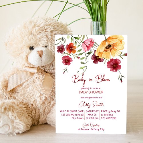 Baby in bloom burgundy wildflowers baby shower  invitation