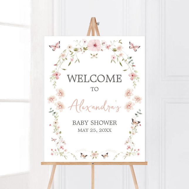 Baby in Bloom Butterfly Baby Shower Welcome Poster (Spring Butterflies Baby Shower Welcome Sign)