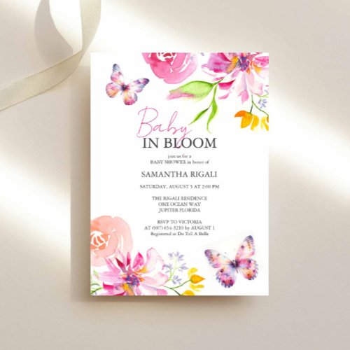 Baby In Bloom Butterfly Floral Watercolor Shower Invitation