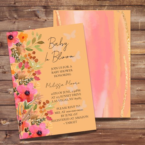 Baby in bloom butterfly peaches and pink flowers invitation
