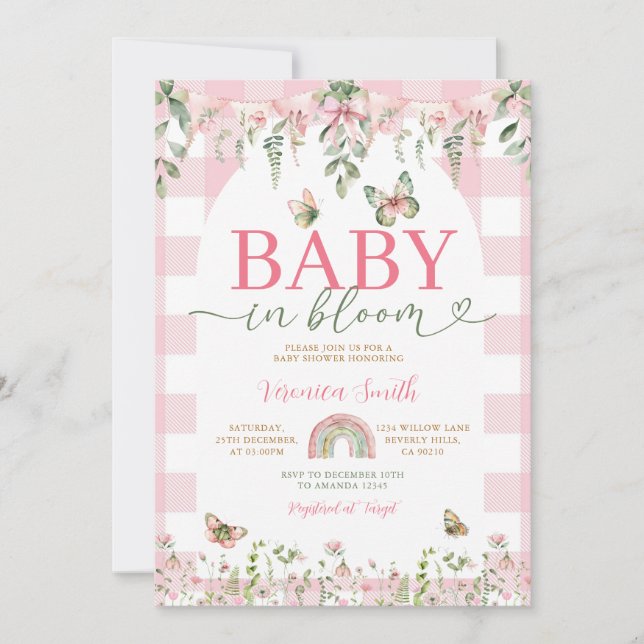 Baby in Bloom Butterfly Pink Bow Baby Shower Invitation (Front)