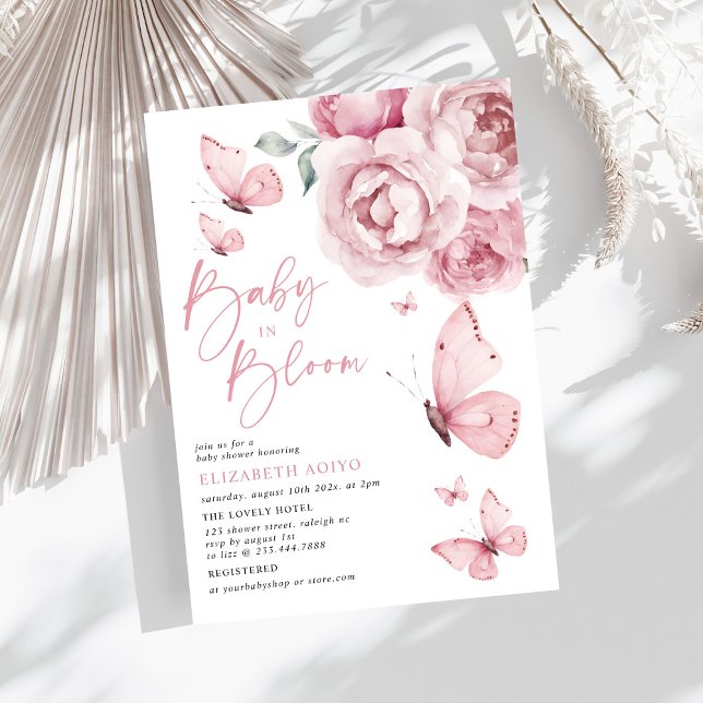 Baby in Bloom Butterfly Pink Floral Baby Shower Invitation (Creator Uploaded)