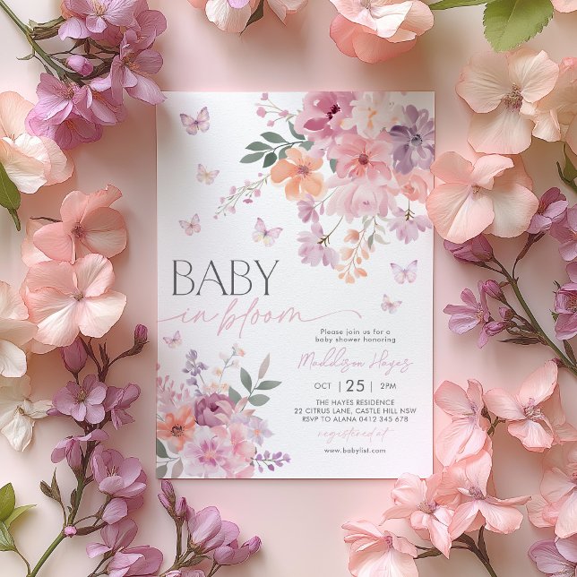 Baby in Bloom Butterfly Wildflower Baby Shower Invitation (Baby In Bloom | Floral Butterfly Baby Shower Invitation in pink, purple and peach tones. )
