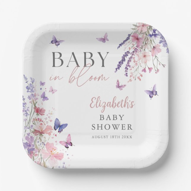 Baby In Bloom Butterfly Wildflowers Baby Shower Paper Plates (Front)