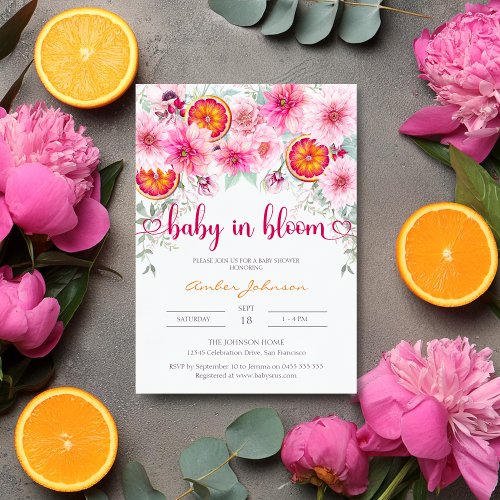 Baby in Bloom Citrus and Pink Floral Baby Shower Invitation