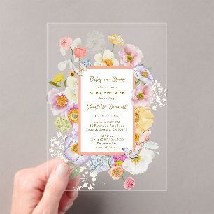 Baby In Bloom Coral & Peach Floral Baby Shower Acrylic Invitations