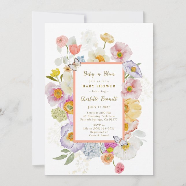 Baby In Bloom Coral & Peach Floral Baby Shower Invitation (Front)