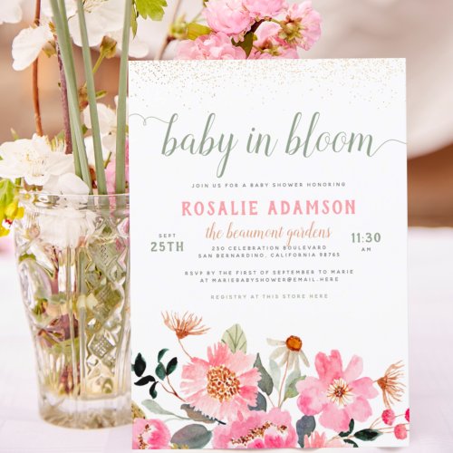 Baby in Bloom Cute Pink Garden Themed Baby Shower Invitation