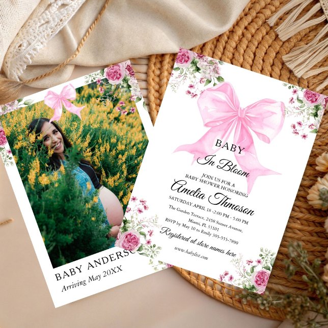 Baby in Bloom cute watercolor Pink Bow Floral Girl Invitation (Creator Uploaded)