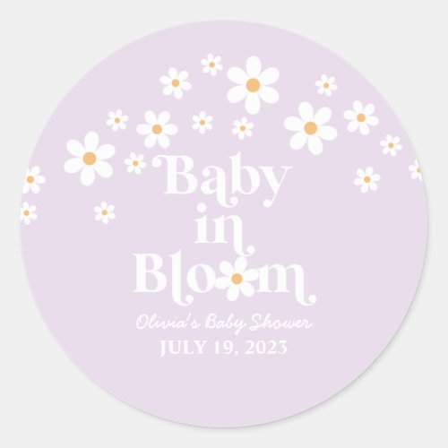 Baby in Bloom Daisy lavender Baby Shower Classic Round Sticker