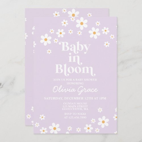 Baby in Bloom Daisy Lavender Retro Baby Shower Invitation