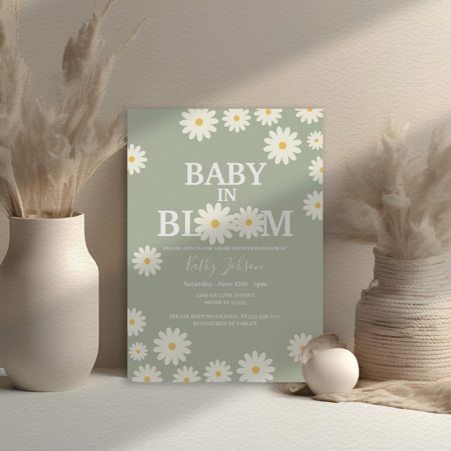Baby in Bloom Daisy Olive Green Baby Shower  Invitation (Creator Uploaded)