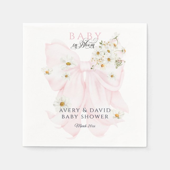 Baby in Bloom Daisy Pink Bow Girl Baby Shower Napkins (Front)