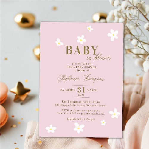 Baby in Bloom Daisy Spring Pink Boho Girl Shower Invitation