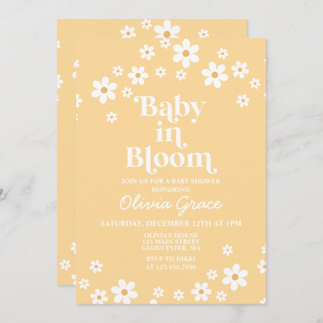 Baby in Bloom Daisy yellow Floral Baby Shower Invitation (Front/Back)