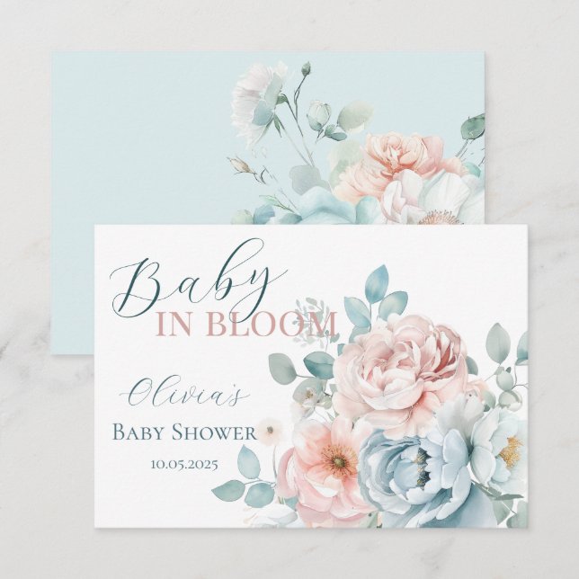 Baby in Bloom Dusty Blue Baby Shower Thank You Card (Front/Back)