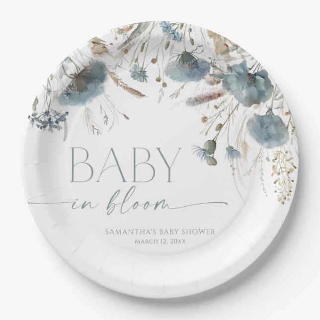 Baby in Bloom Dusty blue beige boy baby shower Paper Plates (Front)