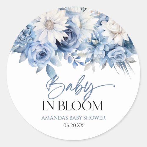 Baby In Bloom Dusty Blue Floral Baby Shower Classic Round Sticker
