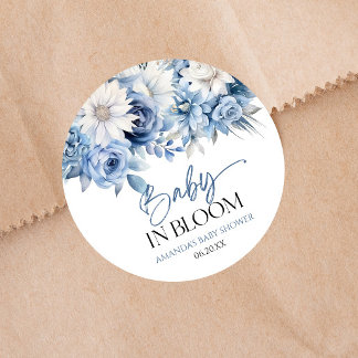 Baby In Bloom Dusty Blue Floral Baby Shower Classic Round Sticker