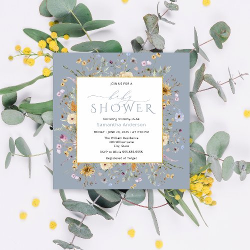 Baby in Bloom Dusty Blue Floral Baby Shower Invitation