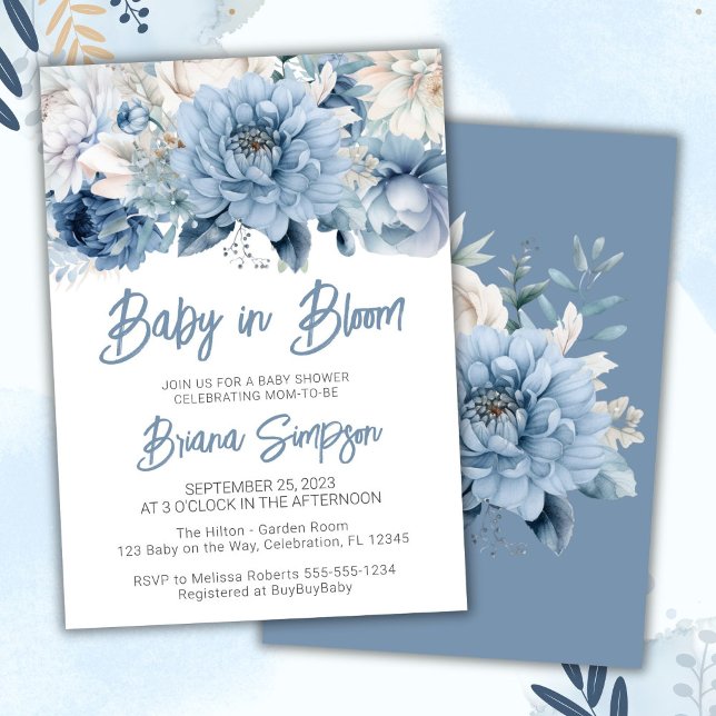 Baby in Bloom Dusty Blue Floral Baby Shower Invitation (Creator Uploaded)