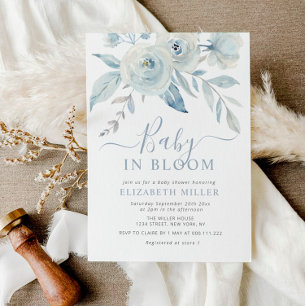 baby in bloom dusty blue floral baby shower invitation
