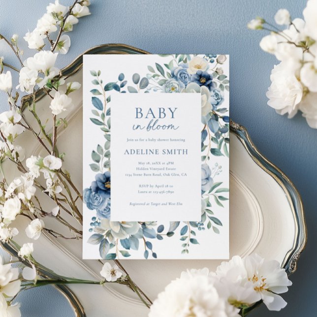 Baby in Bloom Dusty Blue Floral Baby Shower Invitation (Creator Uploaded)