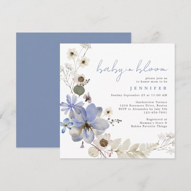 Baby In Bloom Dusty Blue Floral Baby Shower Invitation (Front/Back)