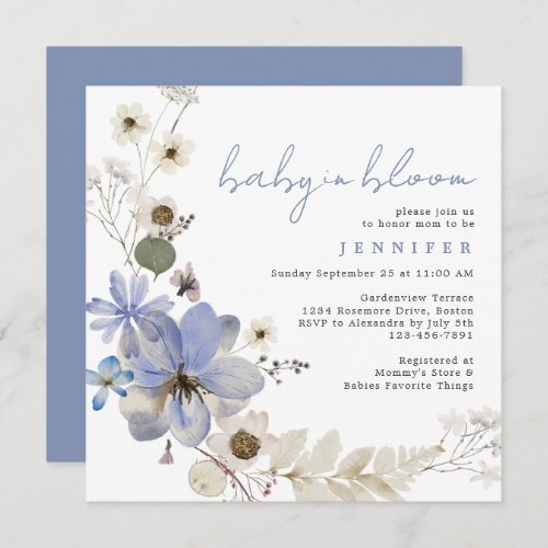 Baby In Bloom Dusty Blue Floral Baby Shower Invitation
