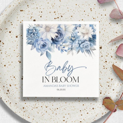 Baby In Bloom Dusty Blue Floral Baby Shower Napkins