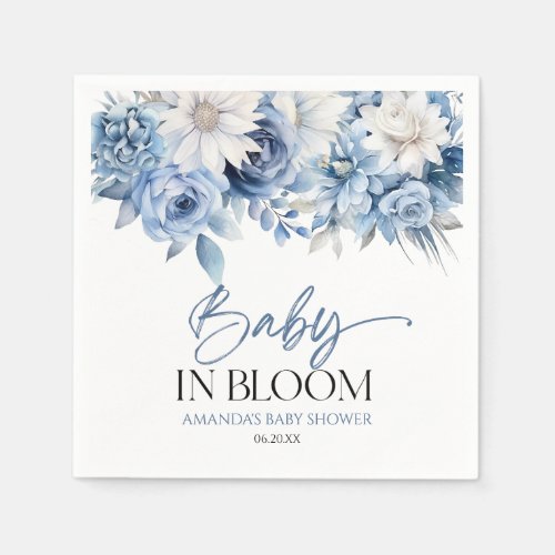 Baby In Bloom Dusty Blue Floral Baby Shower Napkins