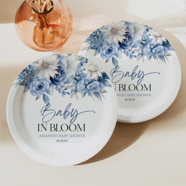 Baby In Bloom Dusty Blue Floral Baby Shower Paper Plates (Creator Uploaded)