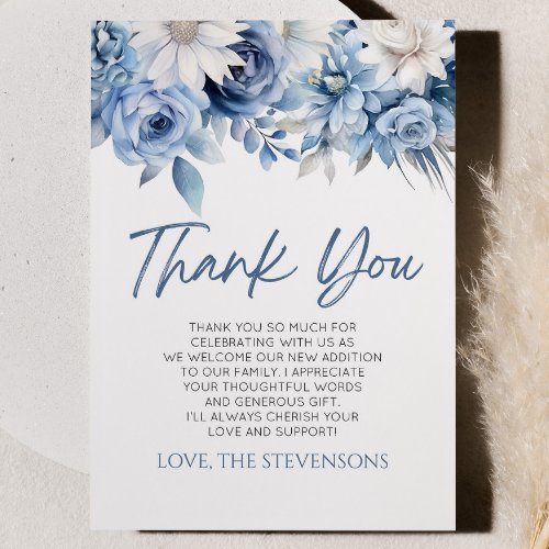 Baby In Bloom Dusty Blue Floral Baby Shower Thank You Card