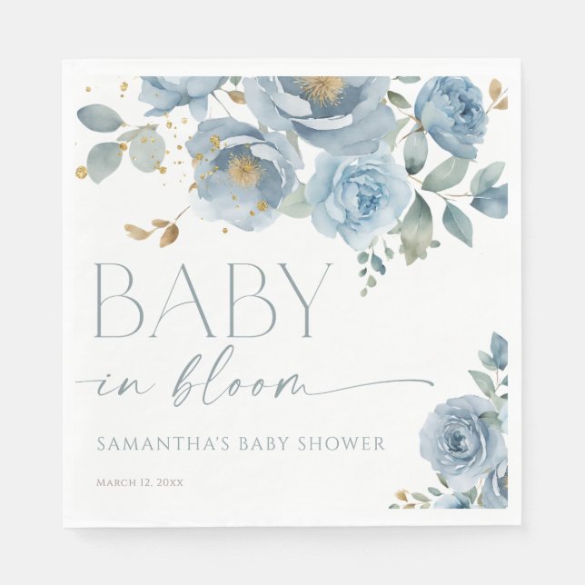 Baby in Bloom Dusty blue floral boy baby shower Napkins (Front)
