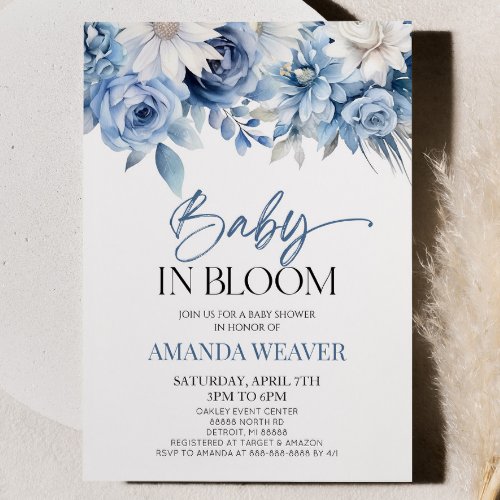 Baby In Bloom Dusty Blue Floral Flower Baby Shower Invitation