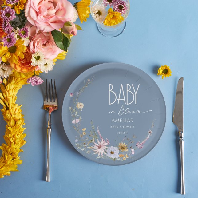 Baby in Bloom Dusty Blue Floral Paper Plate (Creator Uploaded)
