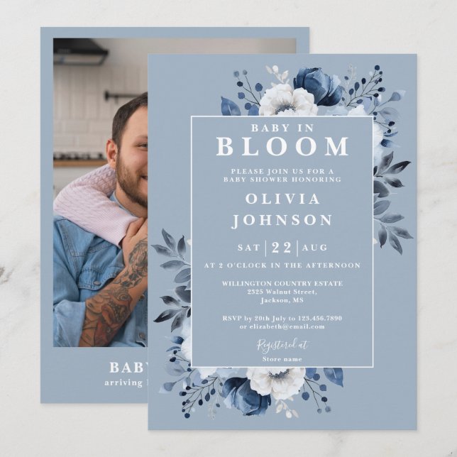 Baby In Bloom Dusty Blue Floral Photo Baby Shower Invitation (Front/Back)