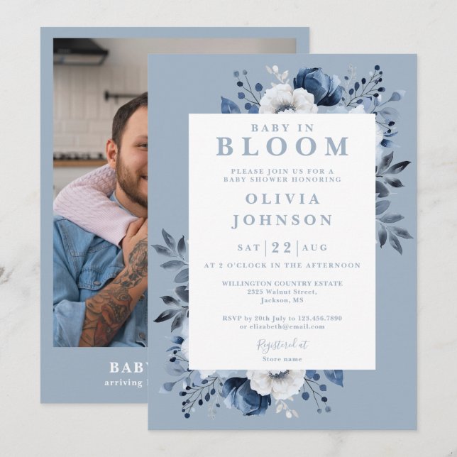 Baby In Bloom Dusty Blue Floral Photo Baby Shower Invitation (Front/Back)