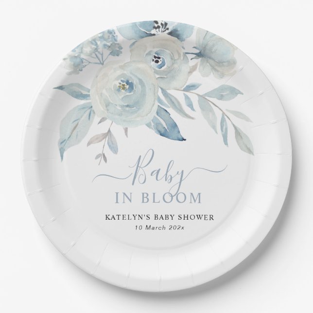 baby in bloom dusty blue flowers baby shower  paper plates (Front)
