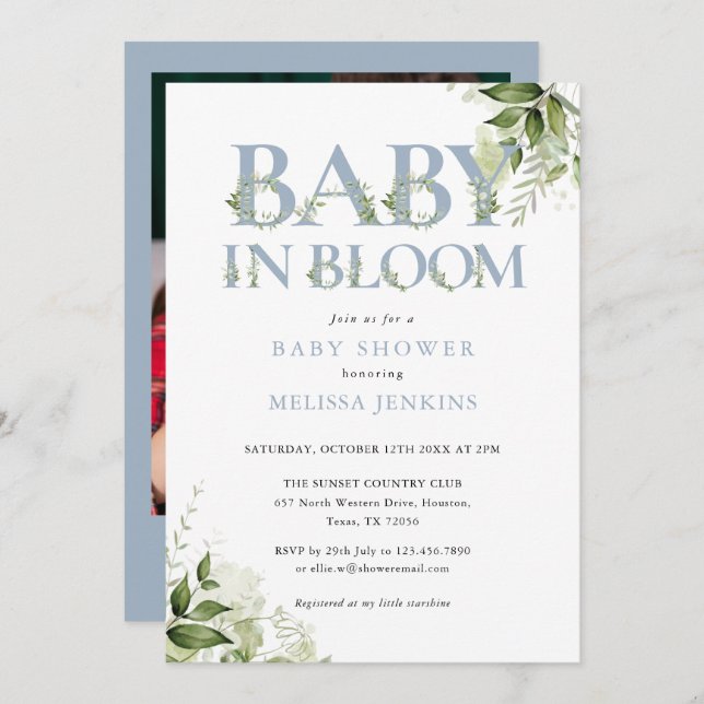 Baby In Bloom Dusty Blue Foliage Photo Baby Shower Invitation (Front/Back)